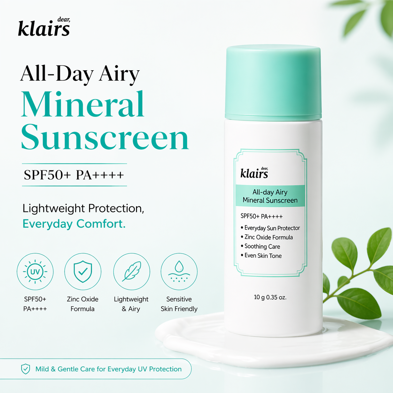 Dear, Klairs All-day Airy Mineral Sunscreen SPF50+ PA++++