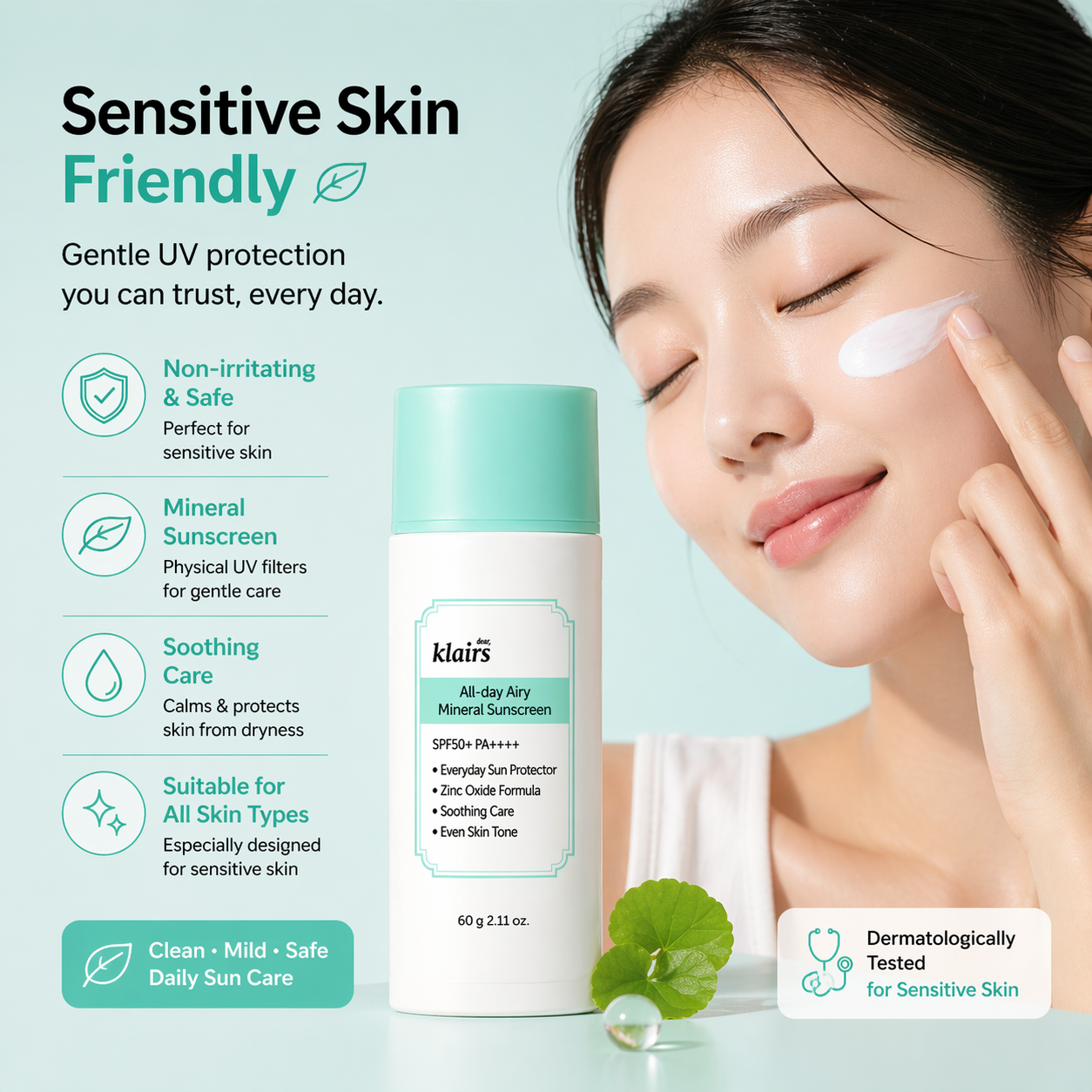 Dear, Klairs All-day Airy Mineral Sunscreen SPF50+ PA++++