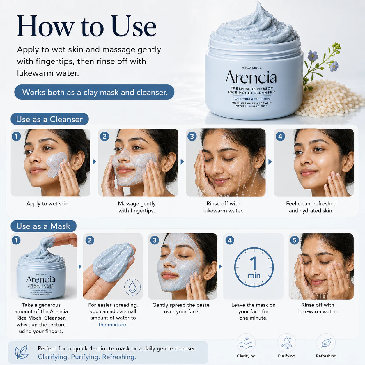 Arencia Fresh Blue Hyssop Rice Mochi Cleanser (120g)