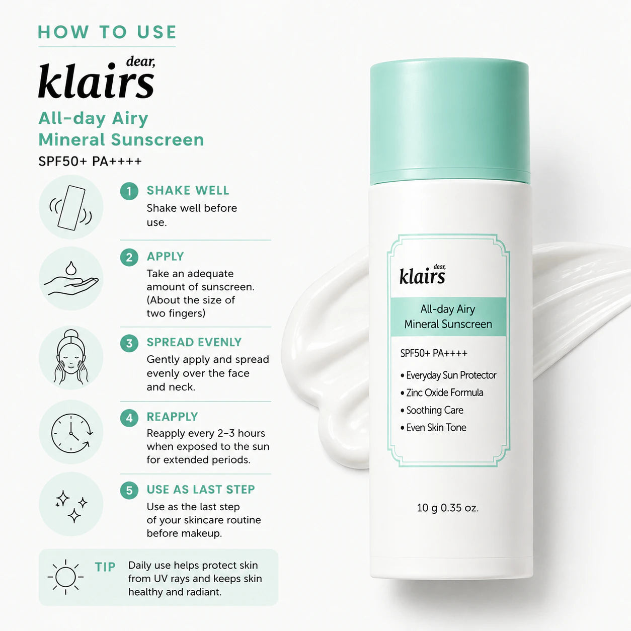 Dear, Klairs All-day Airy Mineral Sunscreen SPF50+ PA++++